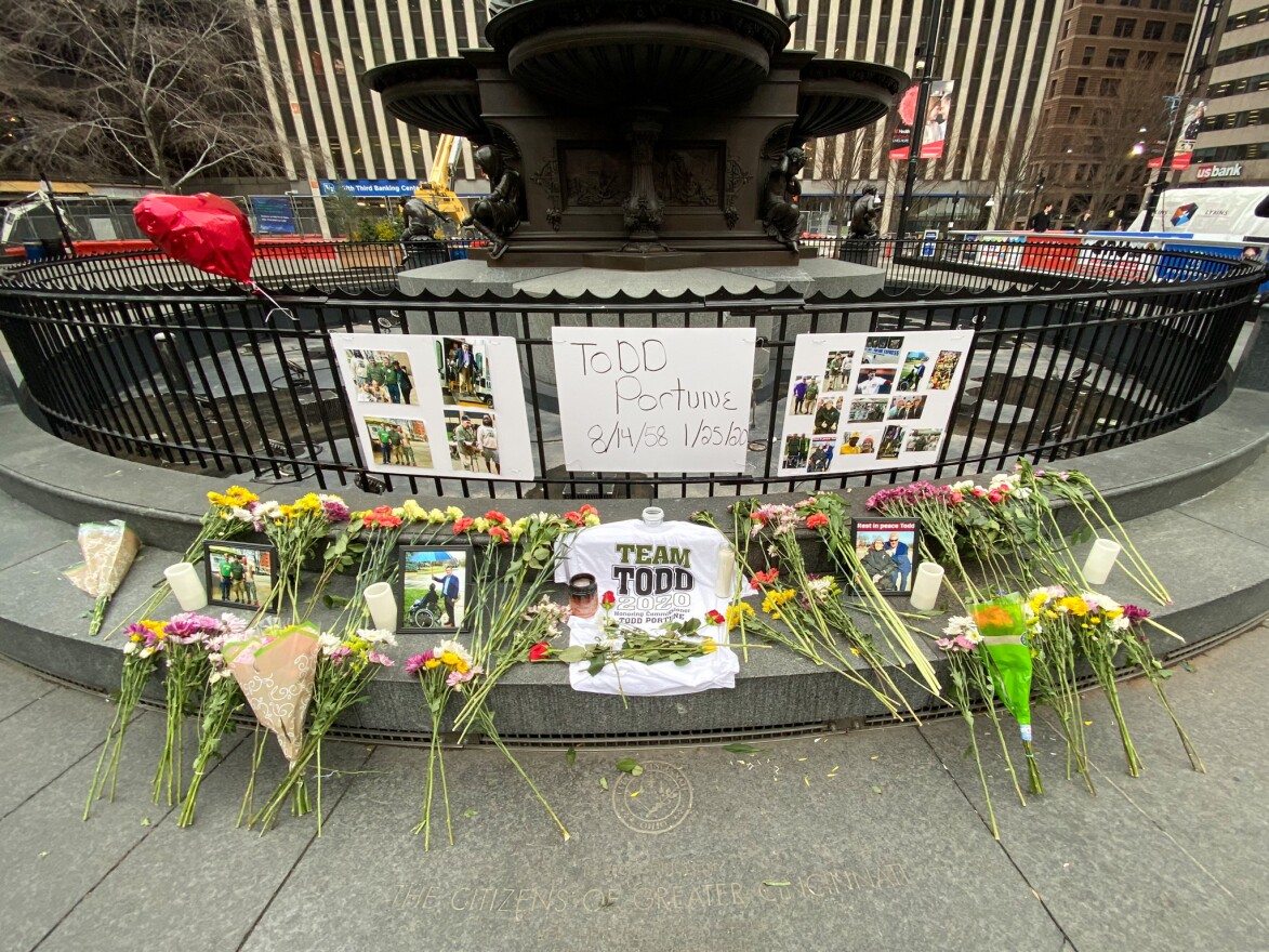 A memorial on Fountain Square honoring the late Hamilton County Commissioner Todd Portune.